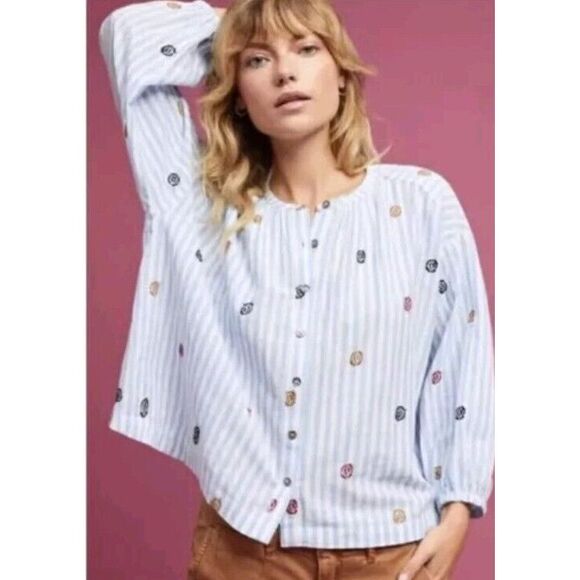 Anthropologie Akemi + Kin Women Striped Embroidered Textured Oversize Top XS EUC - Picture 3 of 10